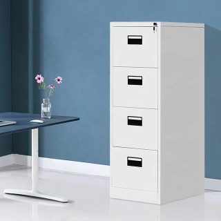 4-drawer filing cabinet with black handles and lockable top drawer in a modern office