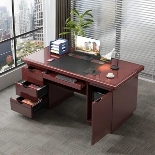 140cm executive office desk with multiple storage drawers and spacious work surface in modern corporate office setting with city view