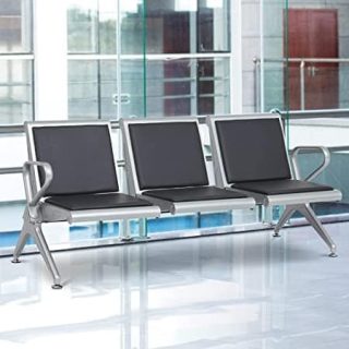 Three-seater waiting area chair with metal frame and cushioned seats in a modern lobby
