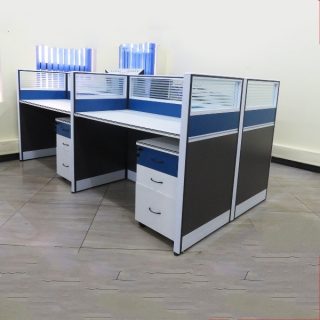 4-way modular office workstation with privacy partitions, storage drawers, and modern design for team and co-working spaces