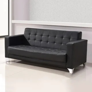 Modern office sofa with black leather upholstery, button-tufted design, and chrome legs for corporate lounges and waiting areas