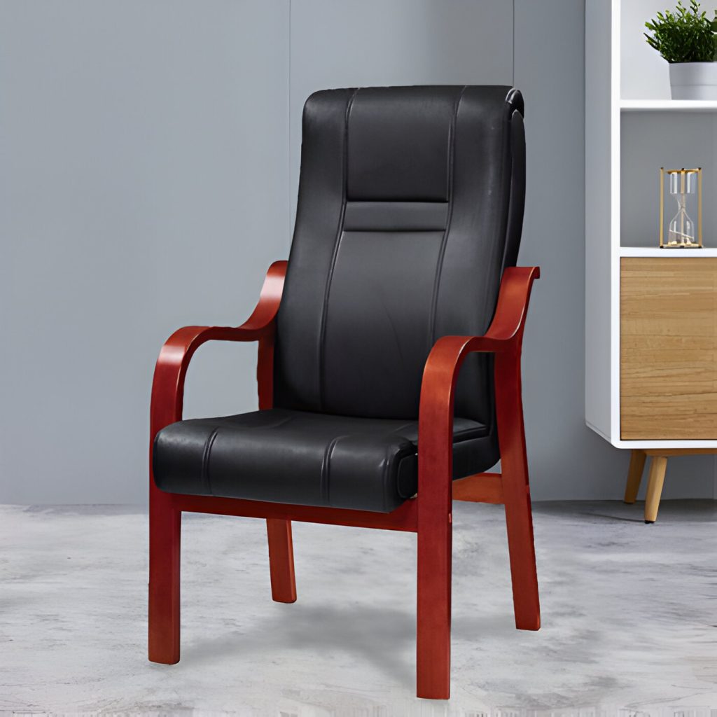 Executive wooden office chair with black leather upholstery and mahogany wood frame for corporate boardrooms and conference rooms