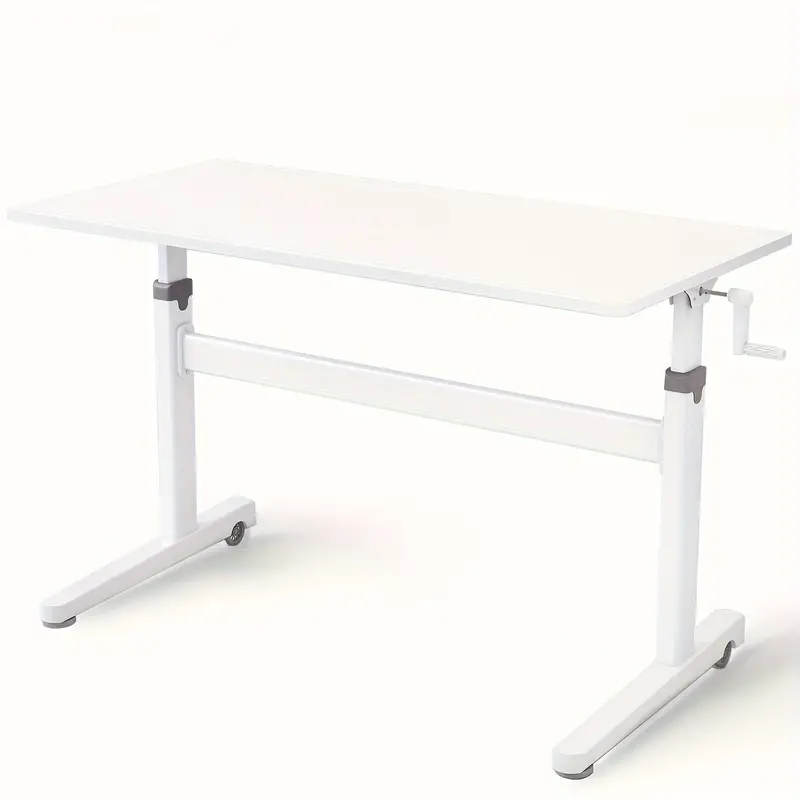 Modern commercial office furniture: Manually adjustable standing desk on casters, ideal for flexible co-working environments.