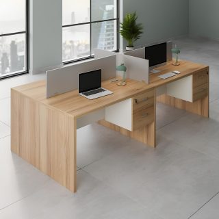4-way office workstation desk with storage drawers and partitions for corporate spaces