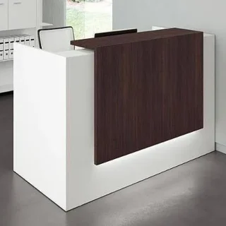 1800mm reception desk with white base and dark wood grain top in modern office setting, featuring contemporary two-tone commercial design