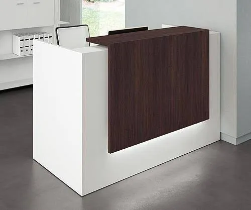 1800mm reception desk with white base and dark wood grain top in modern office setting, featuring contemporary two-tone commercial design